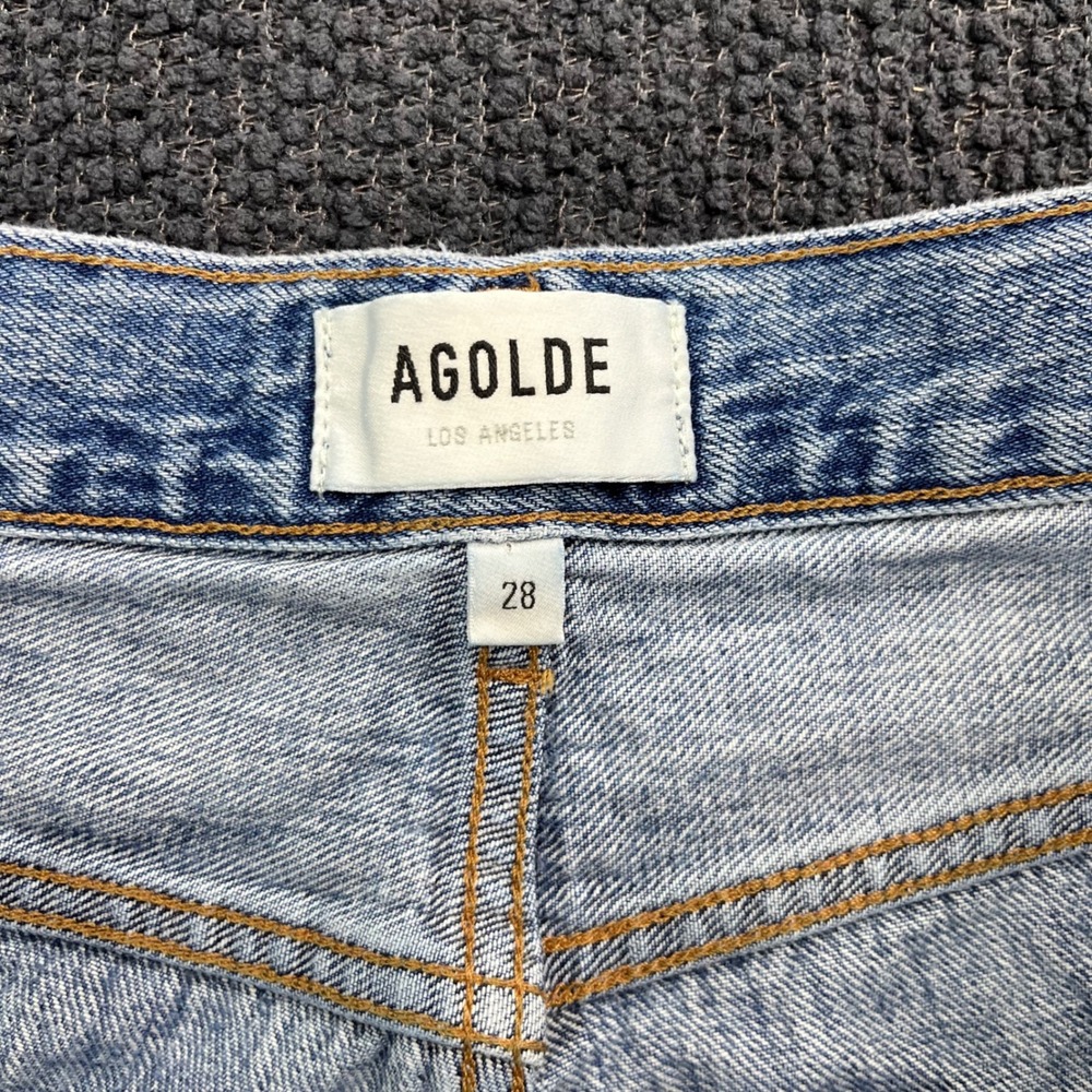 AGOLDE High Rise Light Wash Denim Cut Off Bermuda Shorts Blue 28 Button Fly - Picture 3 of 8